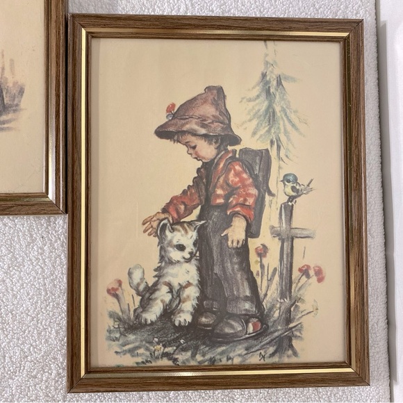 Vintage Framed Art Prints Set Kids Playing Boy With Kitten - Picture 3 of 10